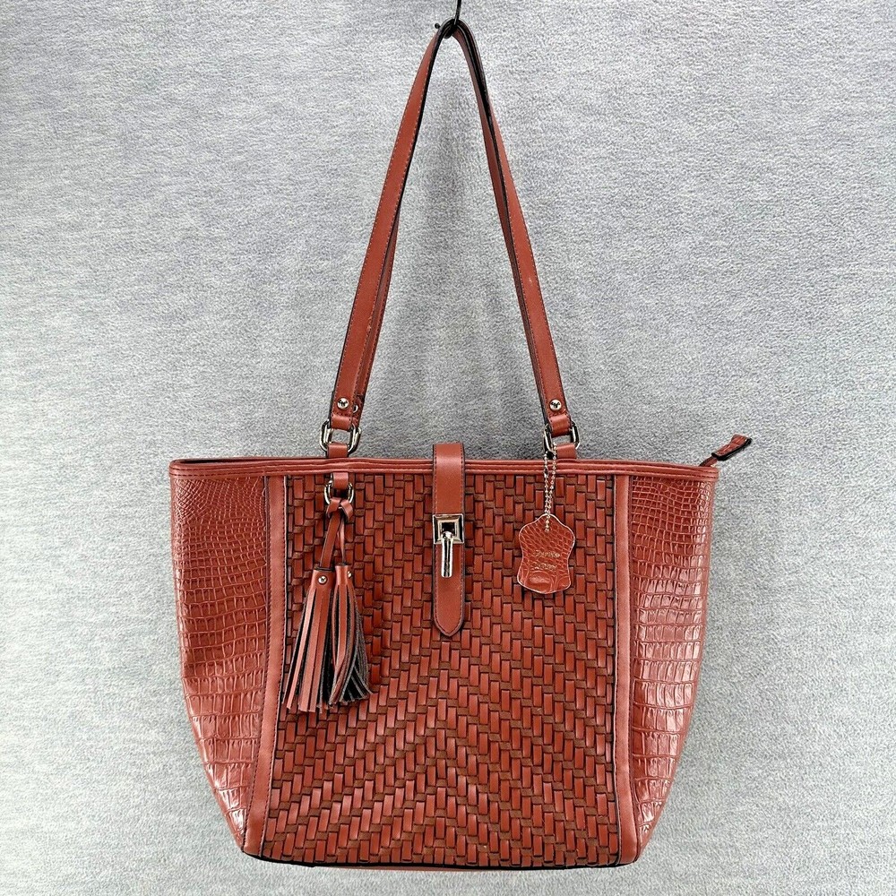 Madi Claire Brown Croco Embossed Genuine Leather Double Handle Purse (A45)